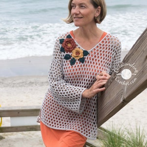 Crochet Top PATTERN - Floral Net Tunic - Mesh beach cover up, summer pullover, crochet lace jumper - Small to plus sizes - PDF