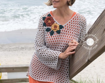 Crochet Top PATTERN - Floral Net Tunic - Mesh beach cover up, summer pullover, crochet lace jumper - Small to plus sizes - PDF
