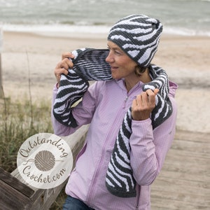 Crochet Hat and Scarf PATTERN Zebra Print Women Beanie And Scarf Set Overlay Mosaic Crochet Written, Videos, Charts PDF image 6