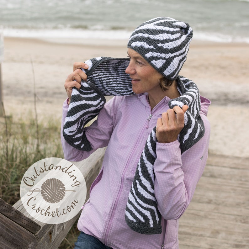 Crochet Hat and Scarf PATTERN Zebra Print Women Beanie And Scarf Set Overlay Mosaic Crochet Written, Videos, Charts PDF image 6