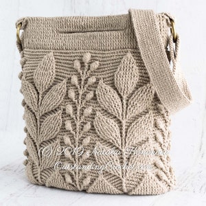 Crochet Bag Pattern: Embossed crochet shoulder, cross-body, hand-bag with branches and leaves.