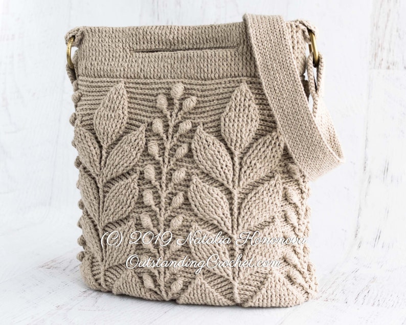 Crochet Bag Pattern: Unique embossed crochet shoulder-bag, cross-body bag, hand-bag with 3D branches and leaves.
