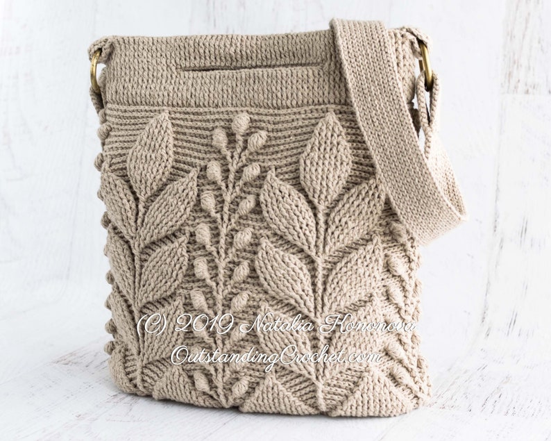 Crochet Bag Pattern: Embossed crochet shoulder, cross-body, hand-bag with branches and leaves.