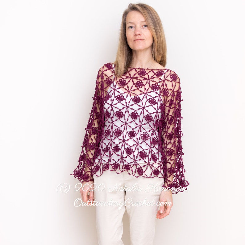 Boat Neck Top Crochet PATTERN - Seamless Lace Pullover, Jumper, Cover Up, Drop Shoulder, Boat Neck, Oversized - Plus sizes