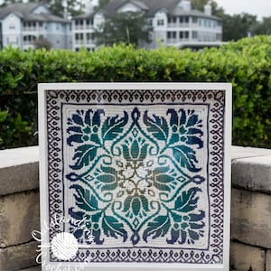 Petalique Pillows mosaic crochet pattern: smaller without a border and larger with a border. Made from the center without any tails to hide.  Features delicate flowers and leaves on the front with a plain back. Can be made as a wall hanging.