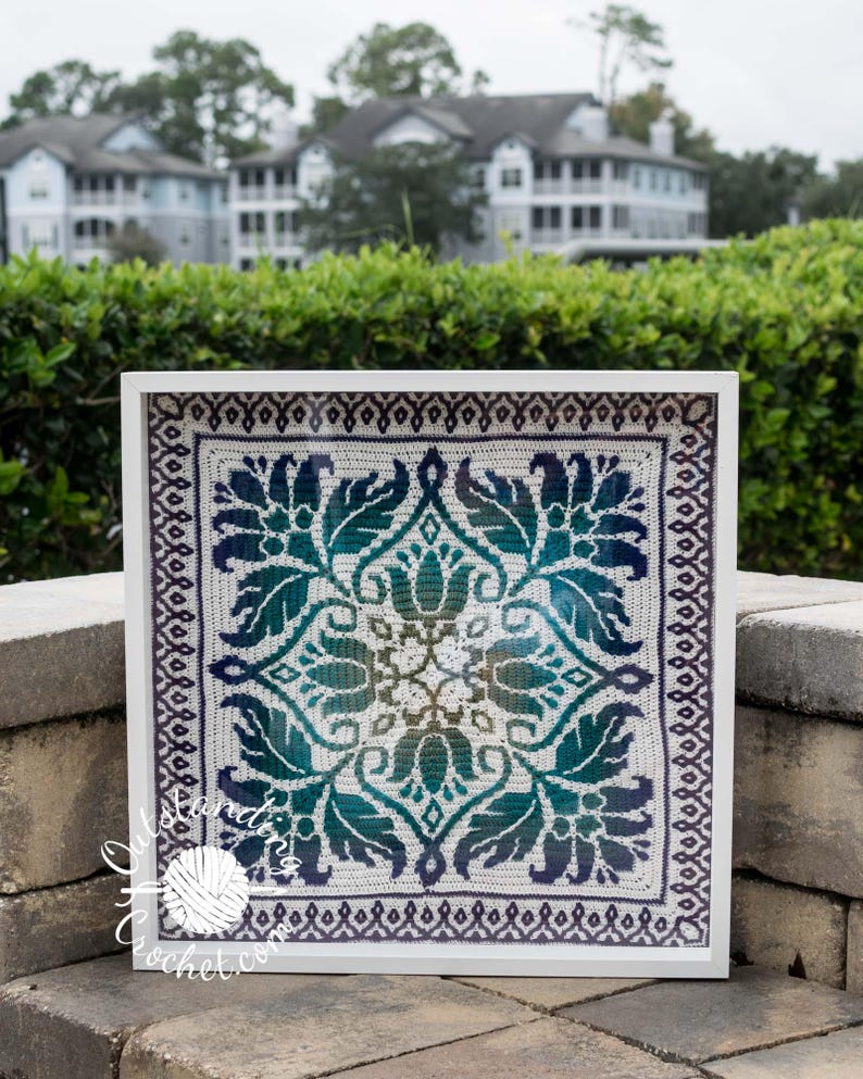 Petalique Pillows mosaic crochet pattern: smaller without a border and larger with a border. Made from the center without any tails to hide.  Features delicate flowers and leaves on the front with a plain back. Can be made as a wall hanging.