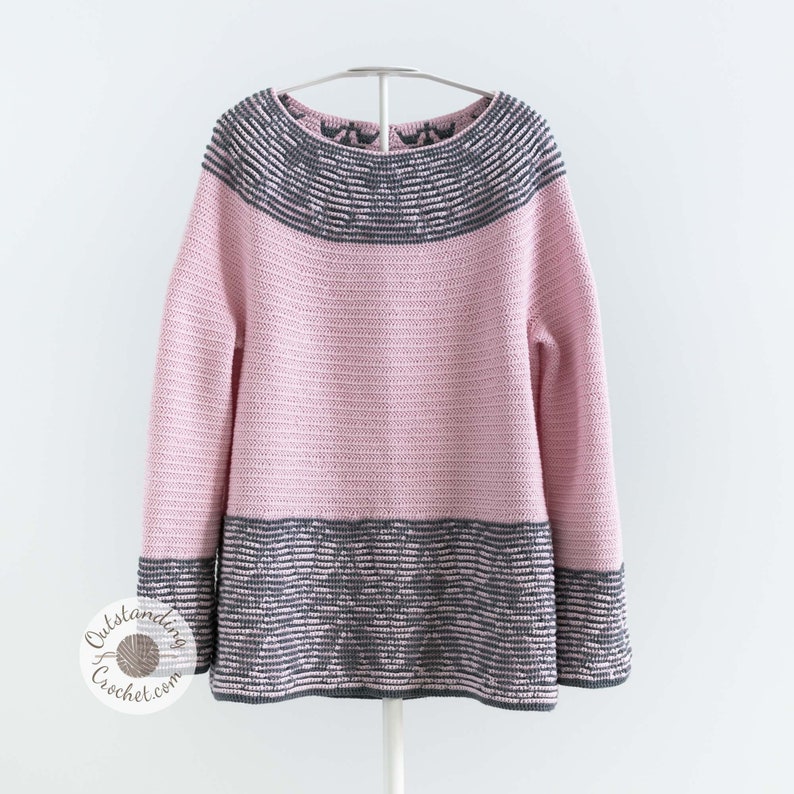 Tulip Sweater Crochet PATTERN - Overlay Mosaic crochet Pullover, Top, Jumper with Flowers around the yoke, hem, and sleeve cuffs. Short and long sleeve versions.