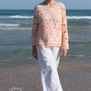 Crochet Sweater PATTERN - Coral - Women Summer Top, Pullover, Jumper - Long Sleeve - Plus Sizes - Crochet Lace