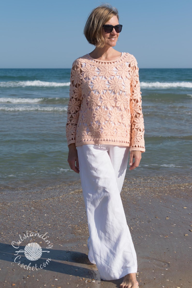 Crochet Sweater PATTERN - Coral - Women Summer Top, Pullover, Jumper - Long Sleeve - Plus Sizes - Crochet Lace
