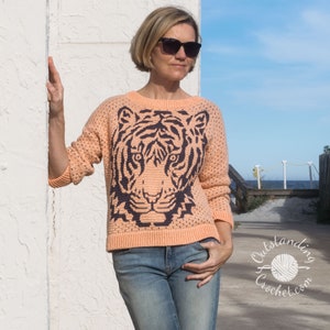 PATRÓN de ganchillo de suéter de tigre - Jersey de mosaico superpuesto, jersey - Cuello redondo - de talla pequeña a grande 3X - Ajuste holgado de gran tamaño - PDF