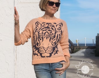 Tiger Sweater Crochet PATTERN - Overlay Mosaic Pullover, Jumper - Crew Neck - from Small to plus size 3X - Oversized Loose Fit - PDF