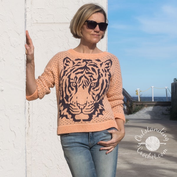 Maglione tigre all'uncinetto PATTERN - Pullover con mosaico sovrapposto, maglione - Girocollo - dalla taglia piccola alla taglia grande 3X - Vestibilità ampia oversize - PDF