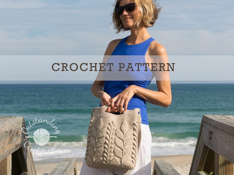 Crochet Bag Pattern: Embossed crochet shoulder, cross-body, hand-bag with branches and leaves.