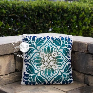 Petalique Pillows mosaic crochet pattern: smaller without a border and larger with a border. Made from the center without any tails to hide.  Features delicate flowers and leaves on the front with a plain back. Can be made as a wall hanging.