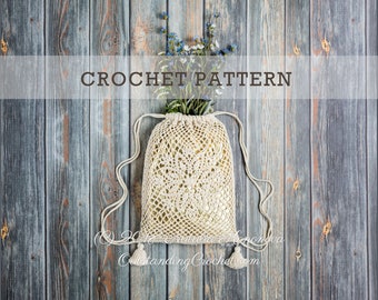 Drawstring Backpack Crochet PATTERN - Lotus - Shoulder bag, Boho mesh crochet lace bag with tassels - PDF