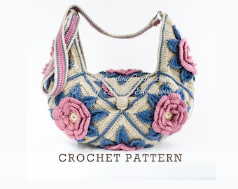 Modèle de sac de fleurs au crochet - motif 3D de sac à main, bandoulière, messager, sac à bandoulière - hippie multicolore, festival, style bohème - PDF