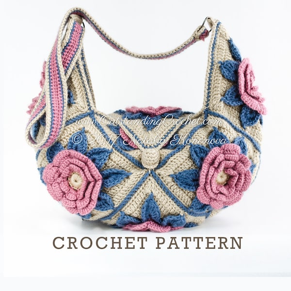 Crochet Bag PATTERN - 3D Flower Motif Cross-body Purse - Messenger Shoulder Bag - Hippi, Boho Chic, Festival Style - PDF
