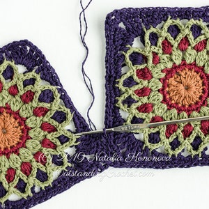 First Light Crochet Motif Pattern (multicolored square motif with a mandala design in the center) with written instructions, charts, and videos.