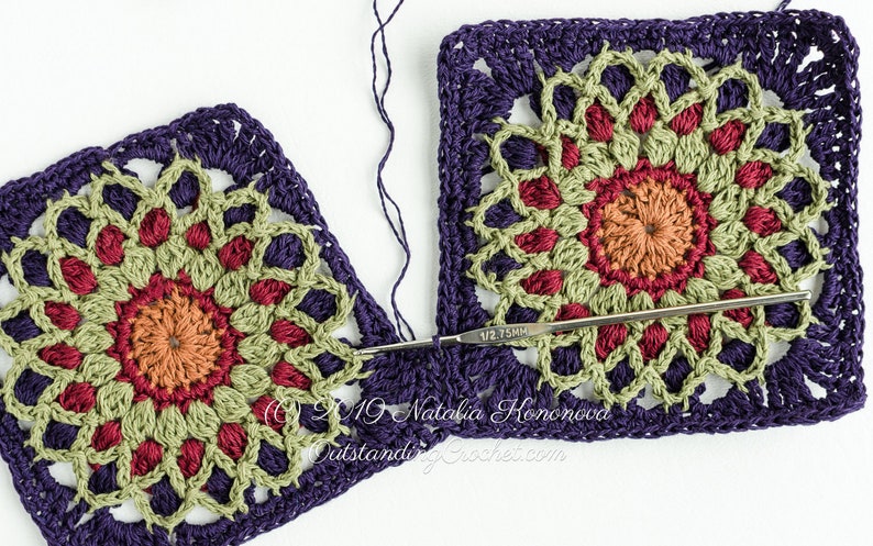 First Light Crochet Motif Pattern (multicolored square motif with a mandala design in the center) with written instructions, charts, and videos.
