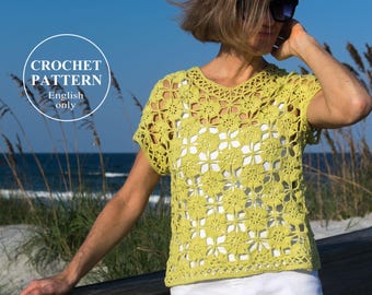 Crochet Top PATTERN - Women Summer Lace Pullover - Cutleaf (PDF)