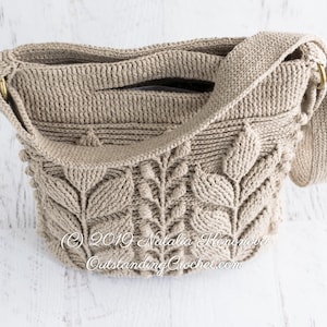 Crochet Bag Pattern: Unique embossed crochet shoulder-bag, cross-body bag, hand-bag with 3D branches and leaves.