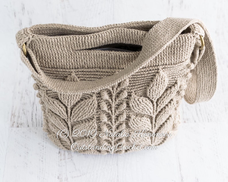 Crochet Bag Pattern: Unique embossed crochet shoulder-bag, cross-body bag, hand-bag with 3D branches and leaves.
