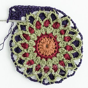 First Light Crochet Motif Pattern (multicolored square motif with a mandala design in the center) with written instructions, charts, and videos.
