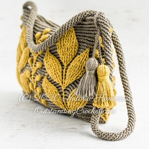 Crochet bag pattern: shoulder, cross-body embossed crochet multicolored bag with 3D leaves and branches, embellished by tassels and spiral cord strap.