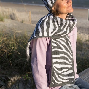 Crochet Hat and Scarf PATTERN Zebra Print Women Beanie And Scarf Set Overlay Mosaic Crochet Written, Videos, Charts PDF image 2