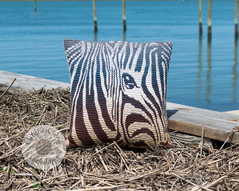 Mosaic Crochet Bag and Pillow: Zebra shoulder tote bag, cushion featuring zebra on both sides.