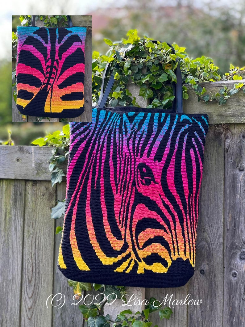 Mosaic Crochet Bag and Pillow: Zebra shoulder tote bag, cushion featuring zebra on both sides.