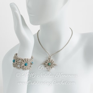 May include: A crocheted necklace and bracelet set with turquoise beads. The necklace features a star-shaped pendant and the bracelet is a wide band with a repeating pattern. The text "Pattern &copy; 2016 Natalia Kononova www.OutstandingCrochet.com" is visible below the jewelry.