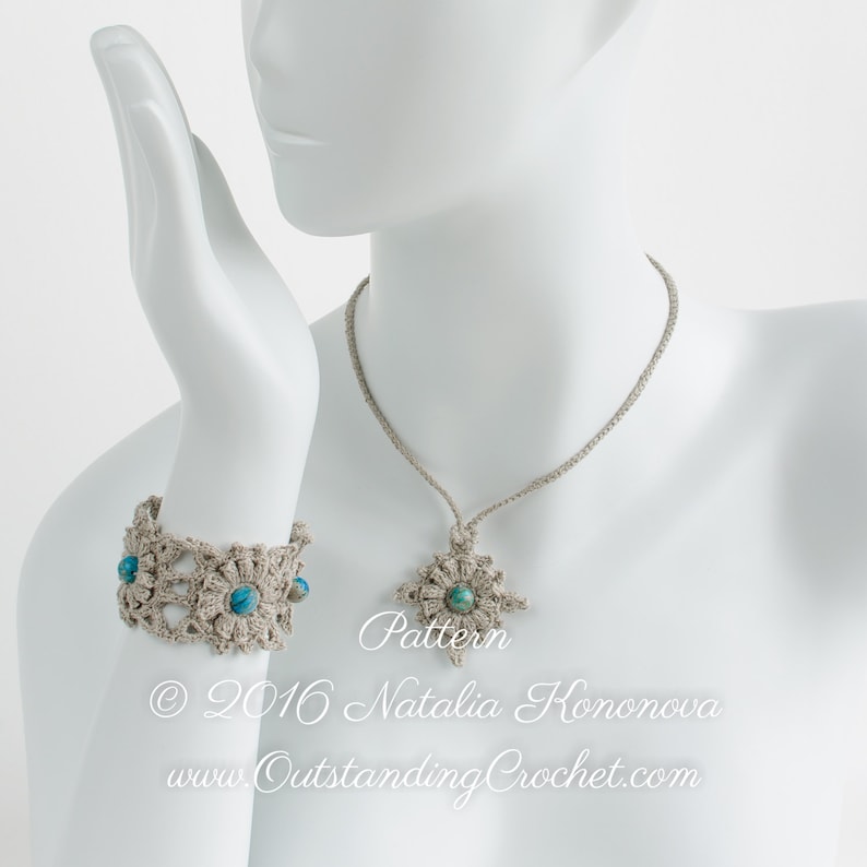 May include: A crocheted necklace and bracelet set with turquoise beads. The necklace features a star-shaped pendant and the bracelet is a wide band with a repeating pattern. The text "Pattern &copy; 2016 Natalia Kononova www.OutstandingCrochet.com" is visible below the jewelry.