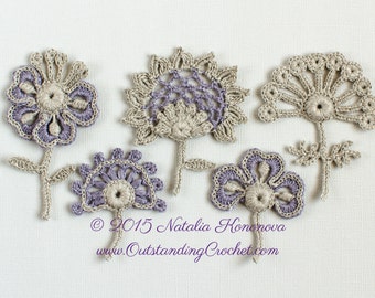 Crochet Flower Motif PATTERN - Irish Lace Applique 5 Motifs Set with Discount - Crochet Home Decor - Crochet Embellishment - PDF