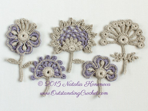 Irish Crochet Applique PATTERN - Flowers Set, Lace Motifs - Set of 5 with discount - Crochet Decor - Crochet Embellishment - PDF