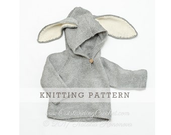 Bunny Ears Sweater Knitting PATTERN - Children Hoodie - Baby Animal - Boys, Girls Jumper - Seamless Raglan - Baby, Toddler, Kids Sizes - PDF