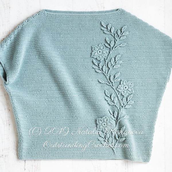 Crochet Top PATTERN Climbing Rose - Women Overlay Leaves Sweater, Jumper, Pullover - Seamless - Oversized, Plus Sizes - Graphs, Video - PDF