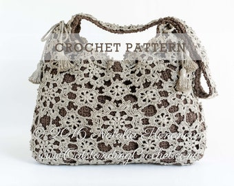 Crochet Bag PATTERN - Window Frost - Shoulder Purse, Handbag, Messenger, Crossbody, Drawstring - Lace Motifs Charts Graphs Step Pictures PDF