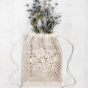 Crochet Backpack PATTERN Drawstring Bag Lotus Shoulder, Tassels Net Mesh Boho Chic, Seamless, Charts, Video PDF image 9