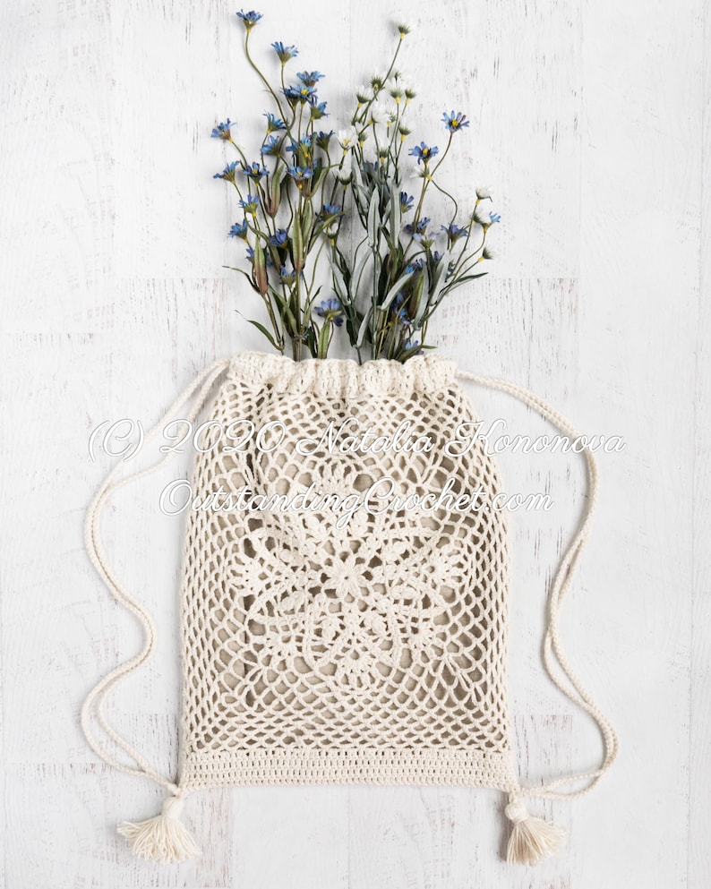 Crochet Backpack PATTERN Drawstring Bag Lotus Shoulder, Tassels Net Mesh Boho Chic, Seamless, Charts, Video PDF image 9