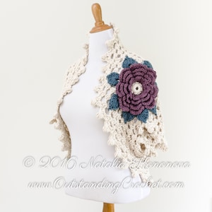 Crochet Shrug PATTERN - Bolero, Cardigan - Dark Rose - Bulky Yarn - 3D Flower - Small to Plus sizes  - Oversized, Slouchy - PDF