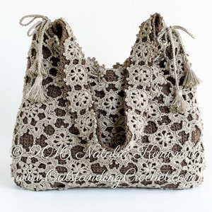 Crochet pattern: Window Frost crochet lace shoulder bag made with joined as you go motifs and solid inner bag. Decorated with a drawstring at the upper edge and tassels.
