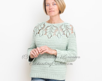 Crochet Sweater PATTERN - Leaf Yoke - Women Top, Jumper, Pullover - Lace Yoke, Embossed Leaf - S-3X, Plus Sizes - PDF