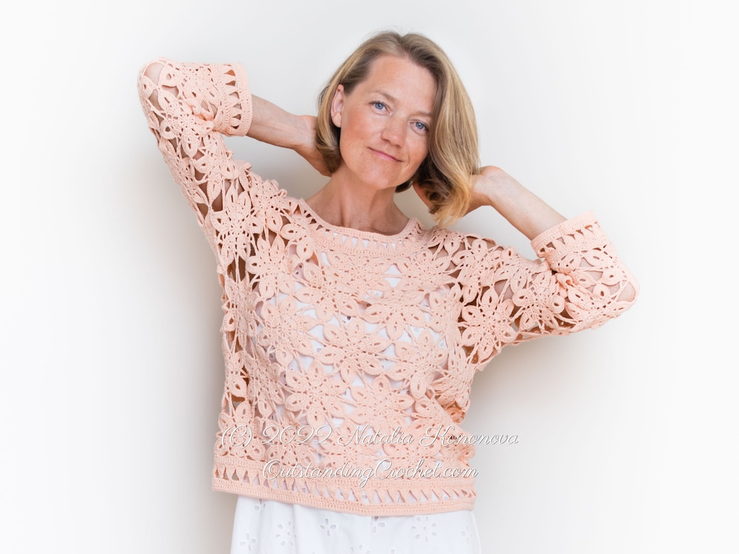 Coral Sweater Crochet Pattern - Women Crochet Lace Motif Top, Pullover ...