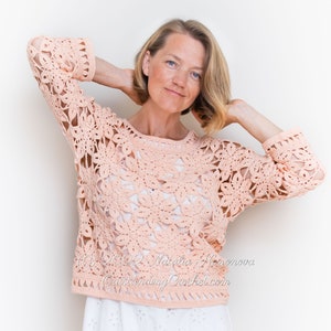 Crochet Sweater PATTERN - Coral - Women Summer Top, Pullover, Jumper - Long Sleeve - Plus Sizes - Crochet Lace - PDF