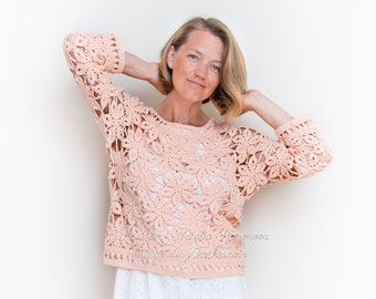 Recycled Women\u2019s Blouse Top Champray Shirt Faded Vintage Crochet Cuff Sleeve Medium