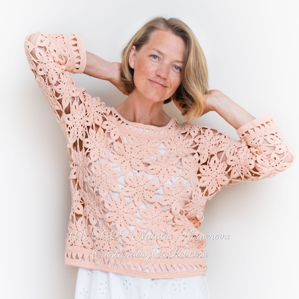 Crochet Sweater PATTERN - Coral - Women Summer Top, Pullover, Jumper - Long Sleeve - Plus Sizes - Crochet Lace - PDF