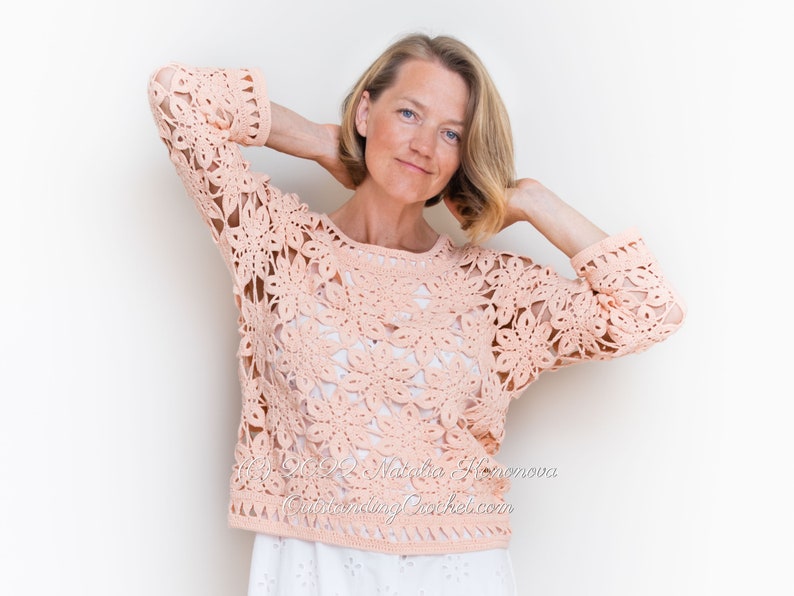 Crochet Sweater PATTERN - Coral - Women Summer Top, Pullover, Jumper - Long Sleeve - Plus Sizes - Crochet Lace