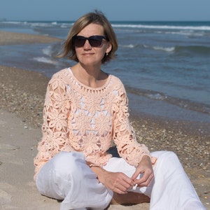 Crochet Sweater PATTERN - Coral - Women Summer Top, Pullover, Jumper - Long Sleeve - Plus Sizes - Crochet Lace