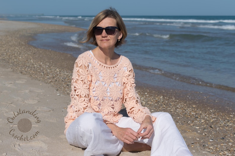 Crochet Sweater PATTERN - Coral - Women Summer Top, Pullover, Jumper - Long Sleeve - Plus Sizes - Crochet Lace